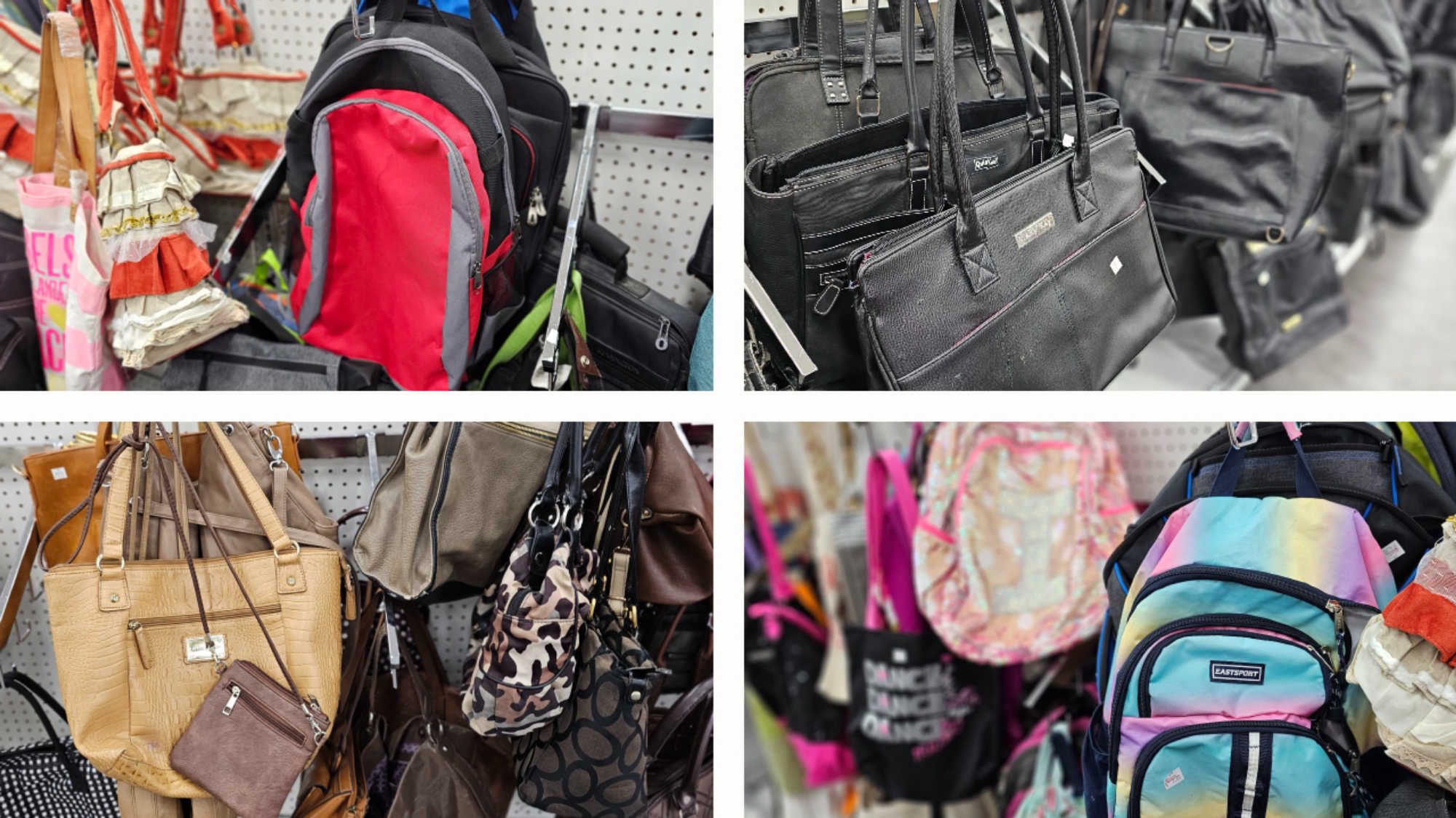 A collage of images showing different types of backpacks, totes, messenger bags, and briefcases for sale at Deseret Industries.